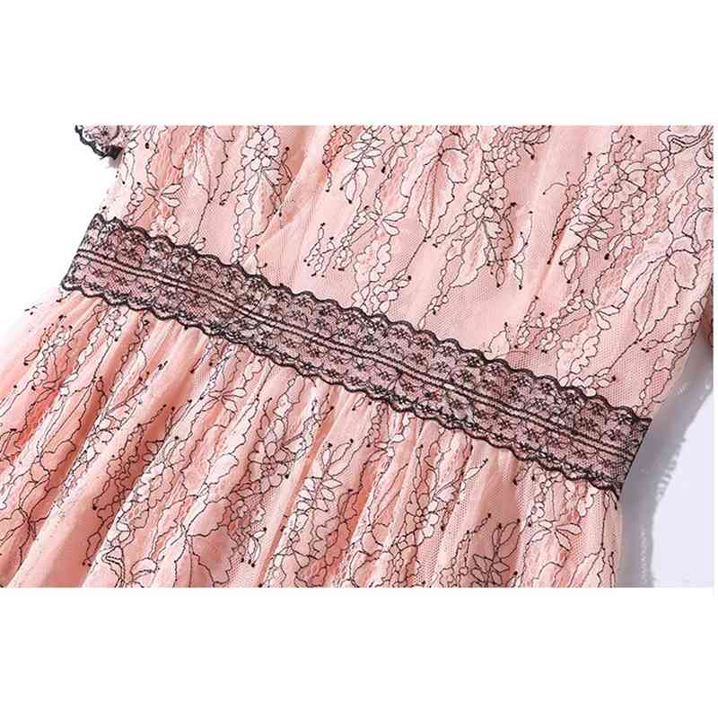 Fashion Runway Summer Dress Women Short Sleeve Lace Patchwork Vintage Female Vacation Midi Dresses Vestidos 210520