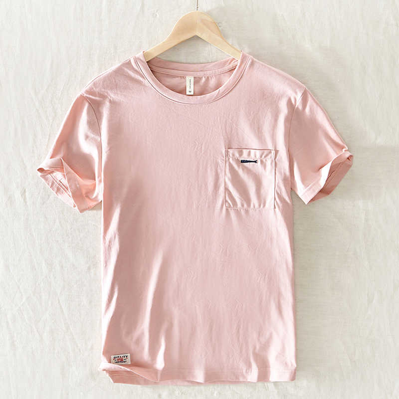 O-Neck Short Sleeve T-Shirts For Men Loose Casual Yellow Tops & Tees Chest Patch Pocket 100%Pure Cotton Men's Fashion Clothing 210601