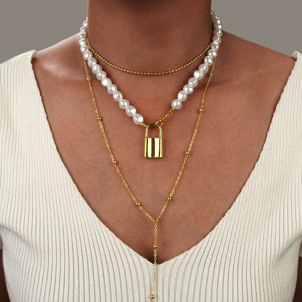 Gold Multilayer Pearl Necklace Fashion Short Geometric Lock-shaped Necklace Female Clavicle Chain Necklace Women, Silver
Gold Multilayer Pearl Necklace Fashion Short Geometric Lock-shaped Necklace Female Clavicle Chain Necklace Women, Silver
