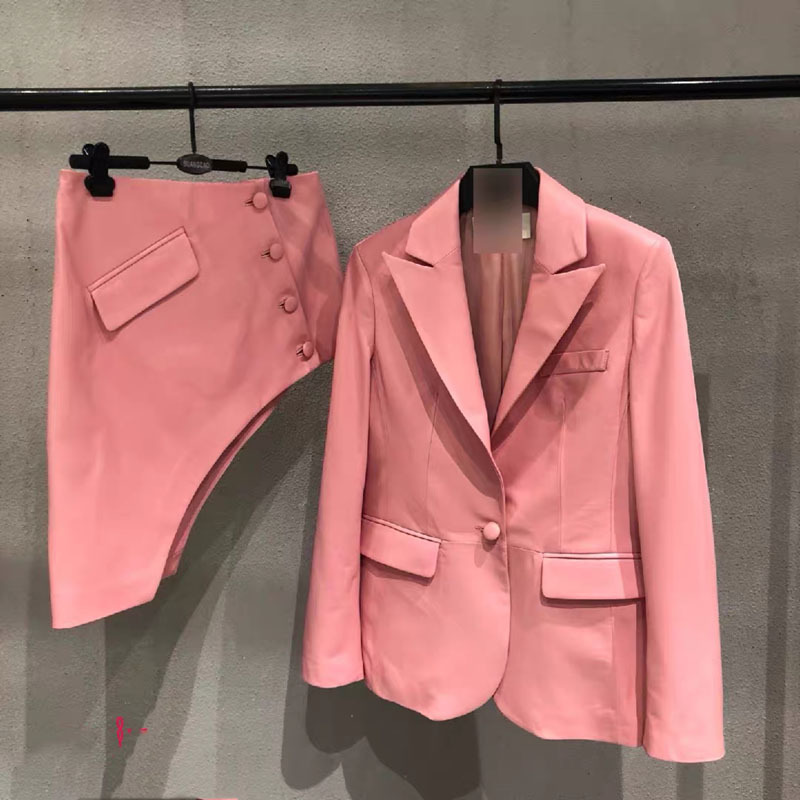 Fashion Winter Longsleeve Draped Pink Pu Leather Dresses Sexy Bodycon Club Celebrity PartyTwo Pieces Set PU Jacket 210421