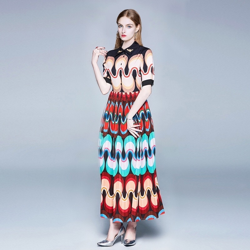 Bohemia Vintage Maxi Dress Geometric Printed Bee Collar Elegant Party Long Dresses Summer Boho Mujer robe de plage Chic 210421