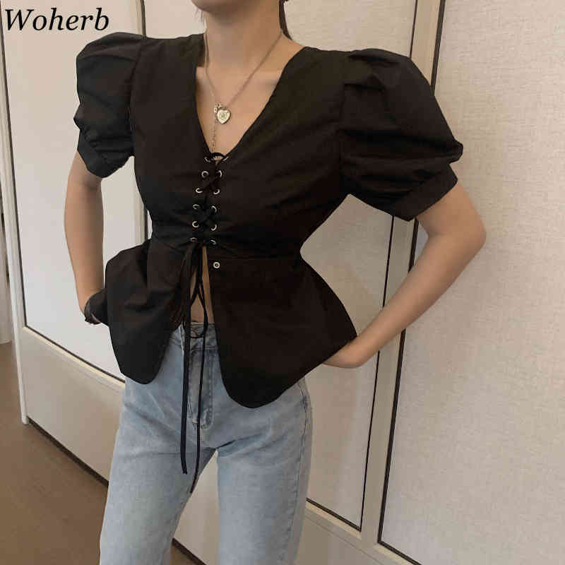 White Shirt Female Summer V Neck Slim Puff Short Sleeve Blouses Korean Temperament Single Breasted Lace-up Fashion Tops 210519