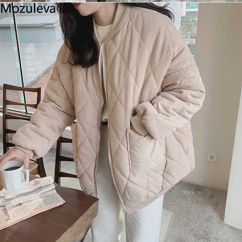 Mozuleva Autumn Winter Women thick Jackets V-neck Puffer Corduroy Parkas High-Quality Warm Oversize Vintage Wild Coat 210819