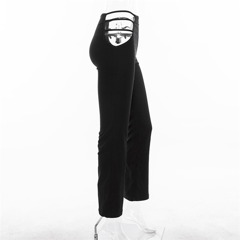 Y2K Street Clubwear Fashion Hollow Out side Waist Fitness High Pants Women Sexy Bandage Full length Trousers black 210429