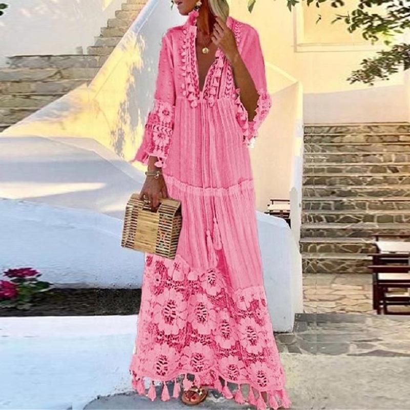 Women Dress Deep V Neck Flare Sleeve Lace Maxi es Tassel Bohemian Loose Casual Plus Size Beach es Autumn 210524