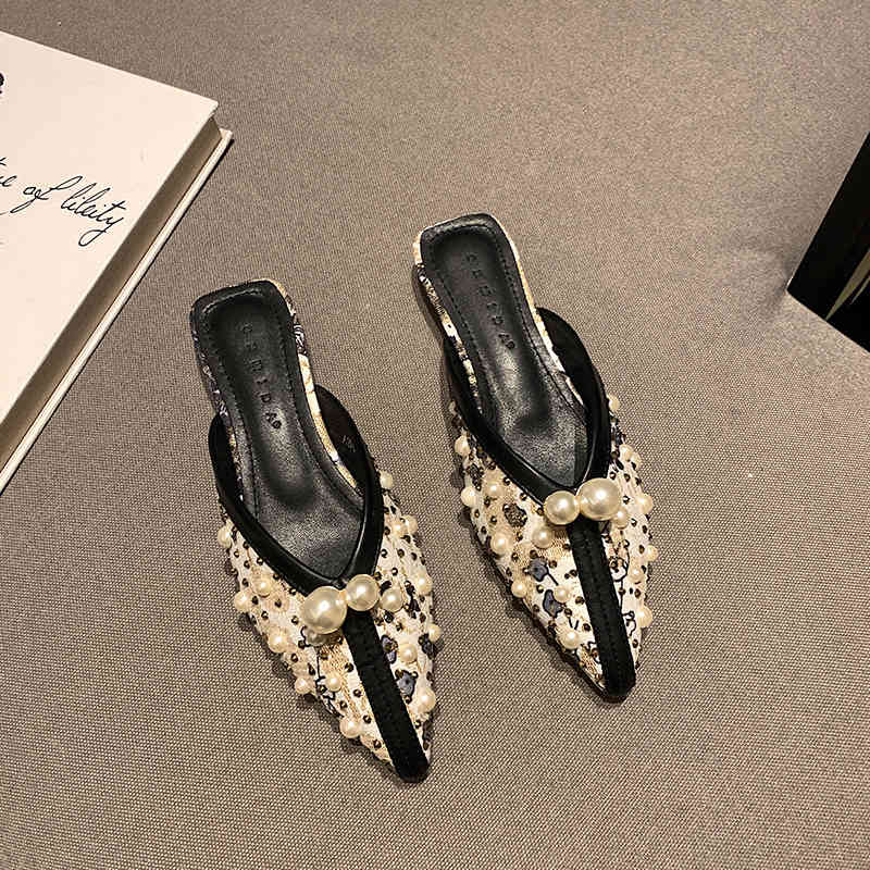 Elegant bead string women's flat sandals felt top summer Lefu slippers Lace black and white stitching lady slide