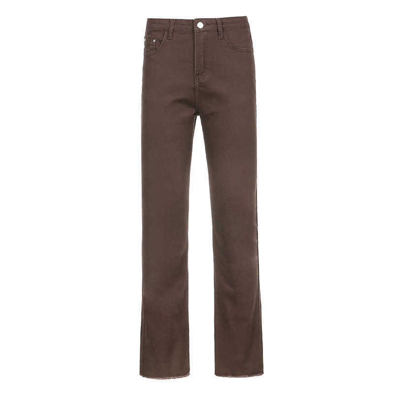 Woman Harajuku Spring High Waist Ladies Flare Pants Jeans Khaki Brown Solid Skinny Street Denim Cargo 210809