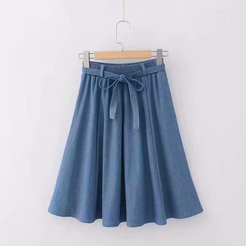 Blue Denim Skirt: Vintage Bow Belt High-Waist Chic Short Skirt For Women