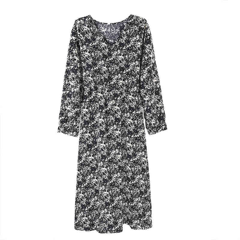 French V-neck Floral Long Dress Vintage es Women Marble and Leaf Print Autumn Winter Elegant es 13079 210506