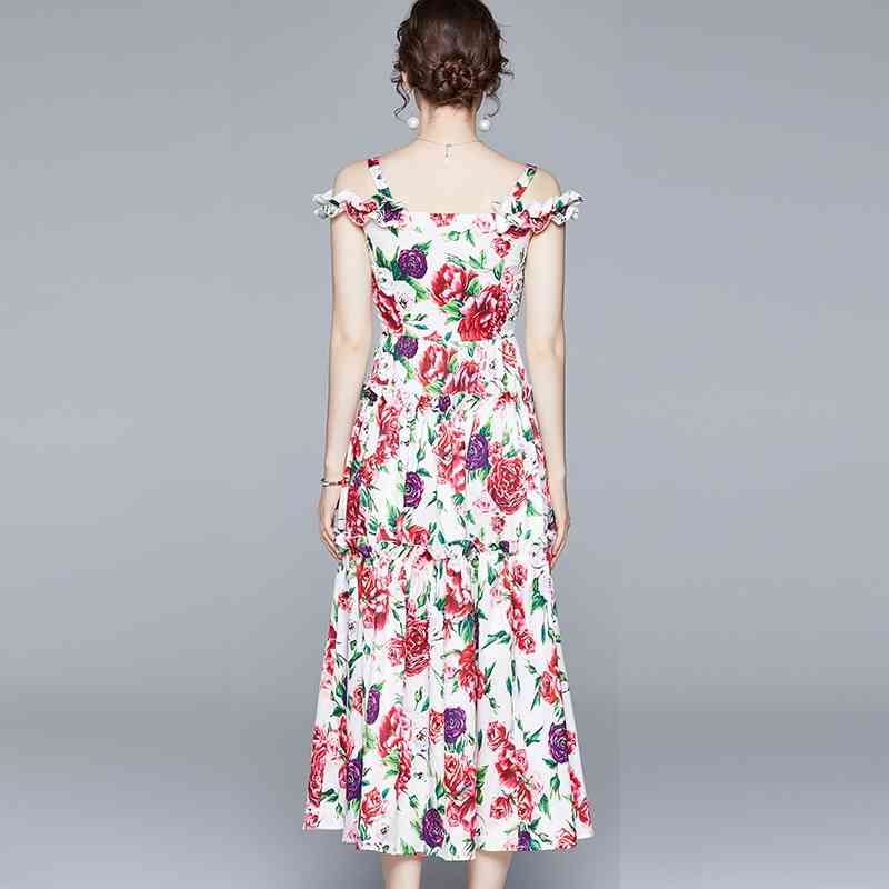 Summer Holiday Beach Long Dress Runway Women Off Shoulder Floral Rose Printed Maxi Sexy Slash Neck Swing es 210506