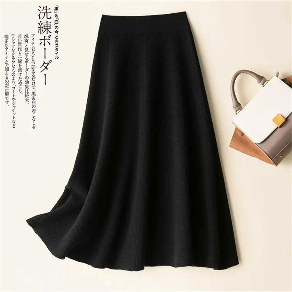 Vintage Brown Knitted Long Skirt Autumn Winter Women Casual Solid A Line Skirt Korean Female Black High Waist Midi Skirt 211119