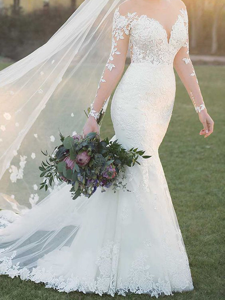 Eye Catching Mermaid Wedding Dress Sheer with Applique Long Sleeves Bridal Gowns Lace-up Back