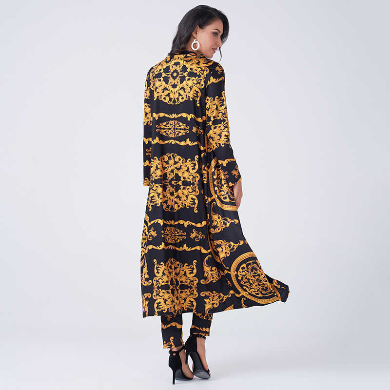 Summer Women 2 Pieces Set Vintage Palazoo Print High Waist Elastic Pants Long Sleeve Open Front Coat Homewear Business Suit 210810