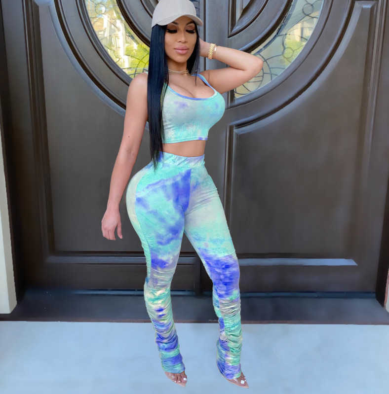 Womens Tie Dye Short 2023 Piece Set Tracksuit club fashion vest Pleated long pants Jogging suit Desiger T Shirt Tight Trouser Outfits
