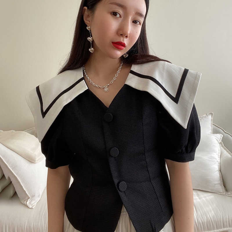 Korejpaa Women Shirt Summer Korean Chic Retro Navy Collar Trim Contrast Color Three Button Slim Short Puff Sleeve Blouses 210526