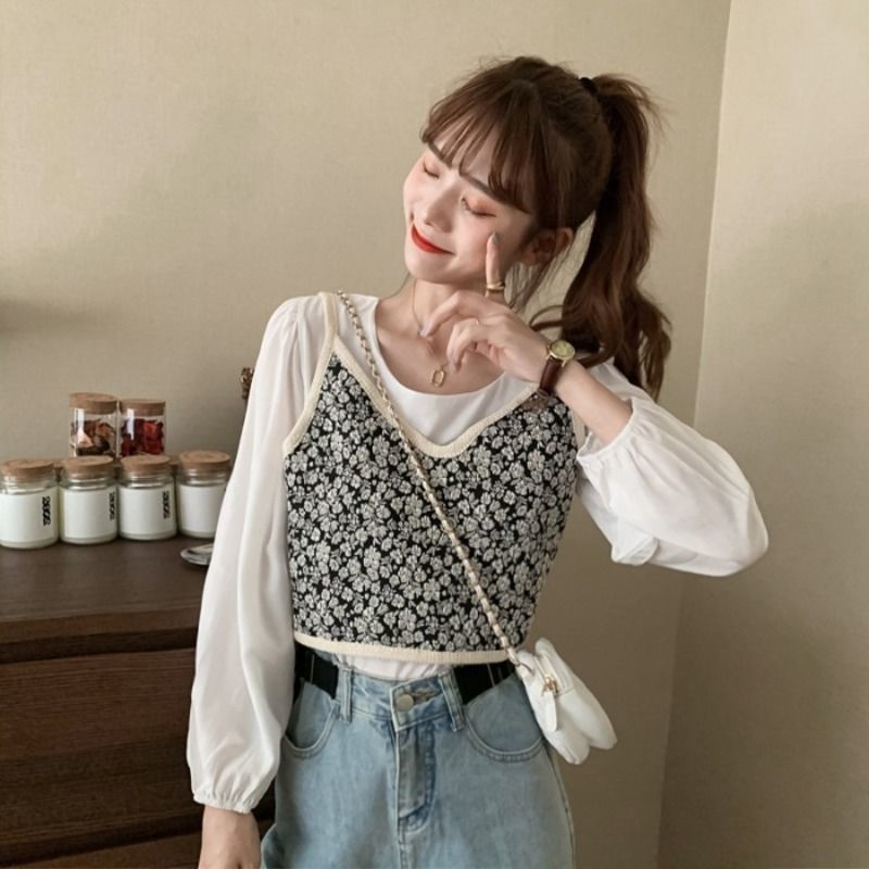 Nomikuma Korean Autumn Women 2pieces Blouse Sets Long Sleeve O-neck Causal Pullover Shirt + Floral Sling Vest New 6D279 210427