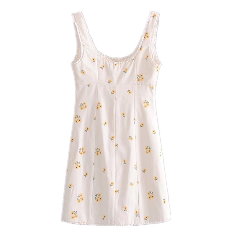 Women Sun Flower Print Sleeveless Mini Dress White Sweet Spliced Wood ears Ruffles Front Center Button Slim fit Tank Party 210429