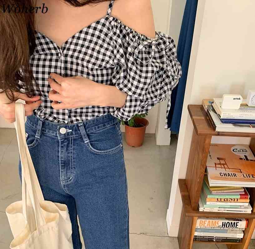 Plaid Sexy Spaghetti Strap Blouses Women Vintage Off Shoulder Loose Korean Shirts Casual Bow Lace-up Blouse Tops Mujer 210519