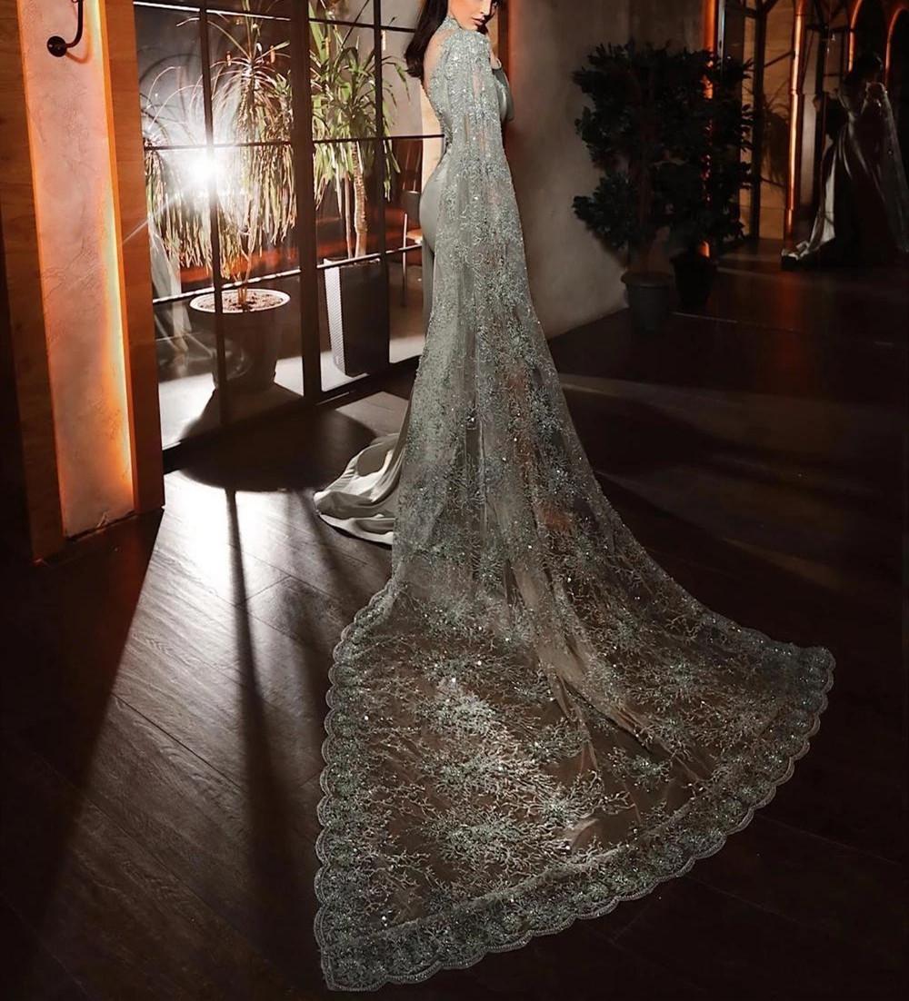 High Neck Silver Mermaid Evening Dresses With Long Sleeves Applique Lace Beaded One Shoulder Prom Dress Side Split Formal Party Gowns Robe de mariée