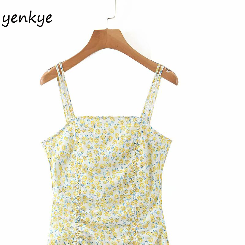 Sleeveless Sling Sexy Women Drawstring Bodycon Mini Modern Lady Yellow Floral Print Chiffon Dress Summer vestido 210515