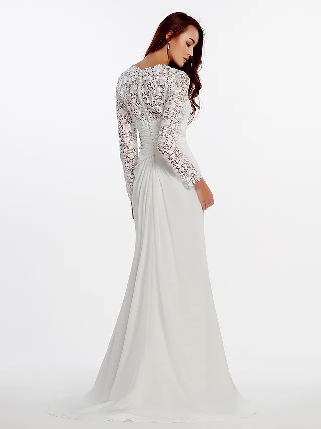 Wedding Dress 2022 Bridal Gown V Neck Sweep Train Chiffon Floral Lace Long Illusion Sleeve Romantic Boho Plus Size Vestido De Noiva Robe Mariage