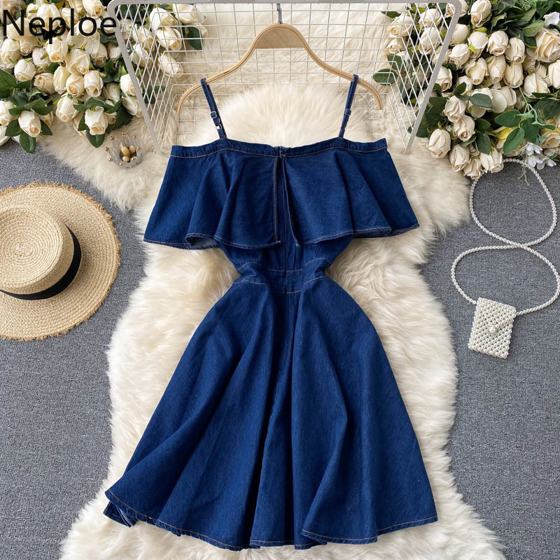 Neploe Sexy Off Shoulder Sling Women Mini Dress Korean Fashion Ruffles A-Line High Waist Female Dresses Summer Denim Vestidos 210422