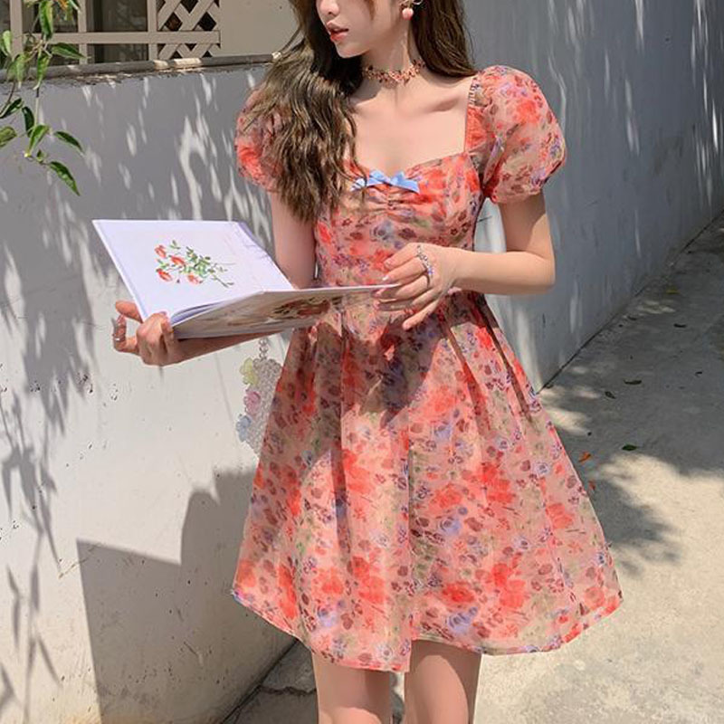 Elegant Floral Mini Dress Women Summer Short Sleeve Lace Dress Korean Party Kawaii Dress Female Summer Chic 210521