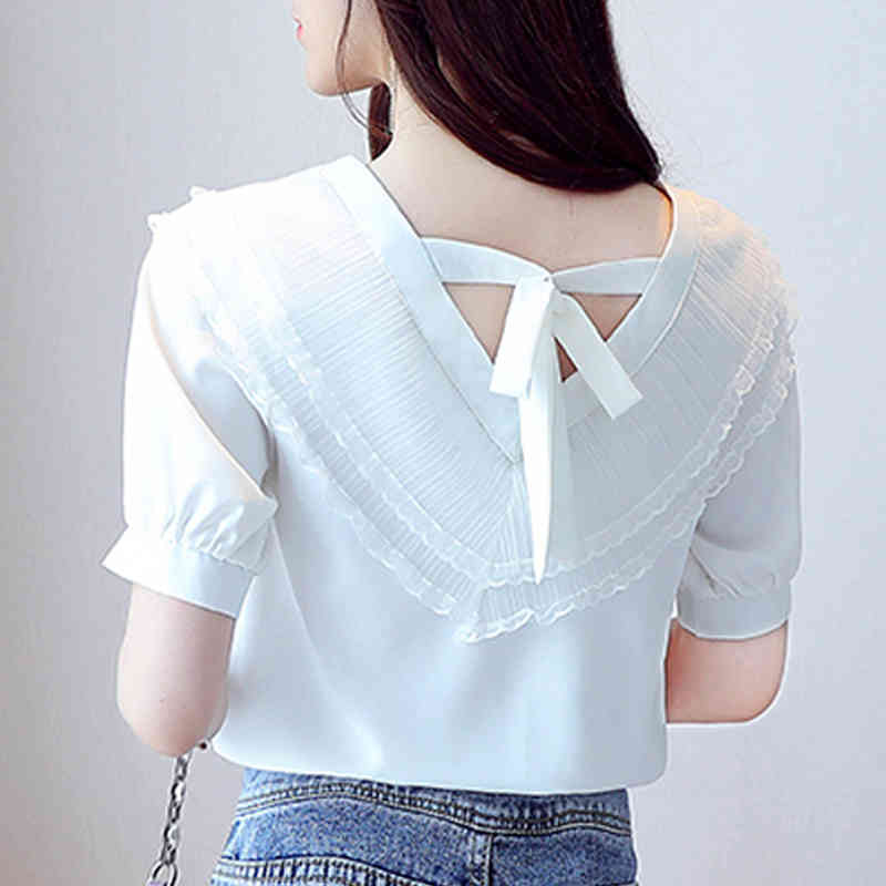 Vintage Lace Shirt Solid Loose Slim V-neck Top Female Short Sleeve Chiffon Blouse Ropa De Mujer Summer Woman's 9855 210506