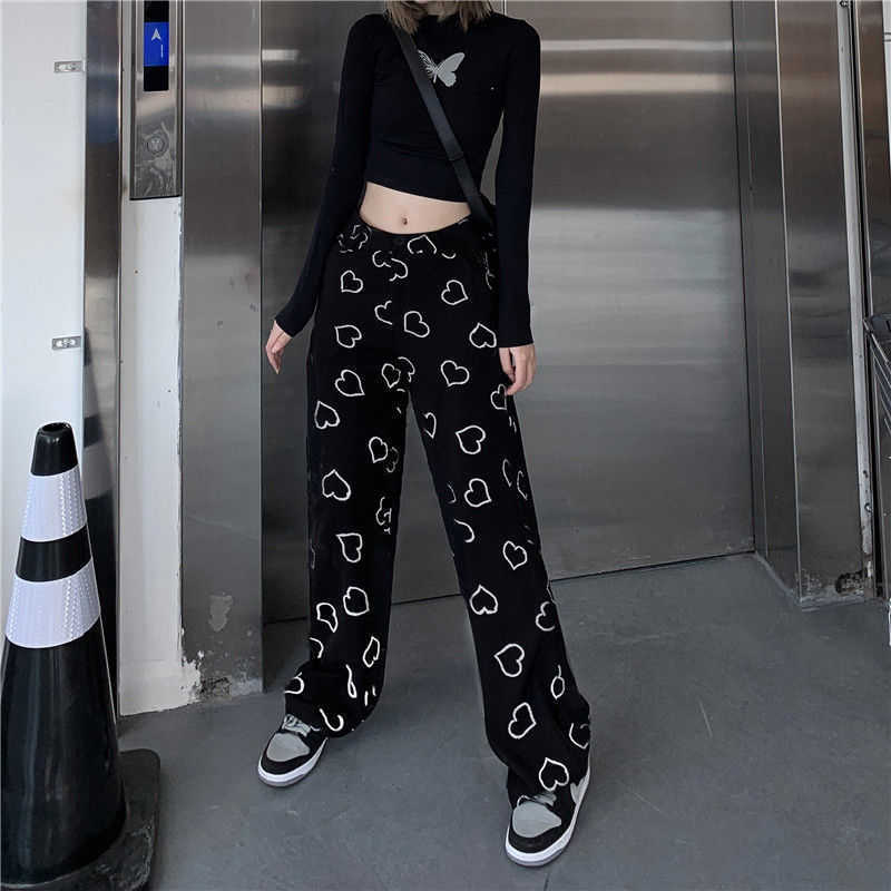 MINGLIUSILI Hip Hop Wide Leg Pant Vintage Korean Style Trousers Women Fashion Spring Harajuku Heart Print Women Pants 211006