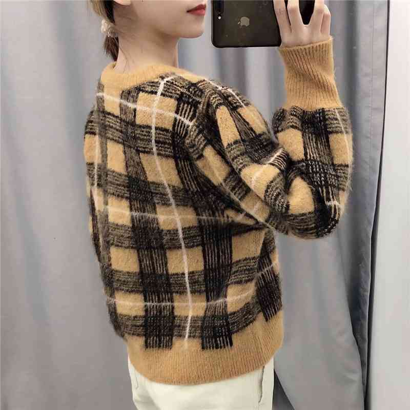 Streetwear Women O-Neck Sweaters Fashion Ladies Plaid Knitted Tops Causal Female Chic Puff Sleeve Loose Pullovers 210430