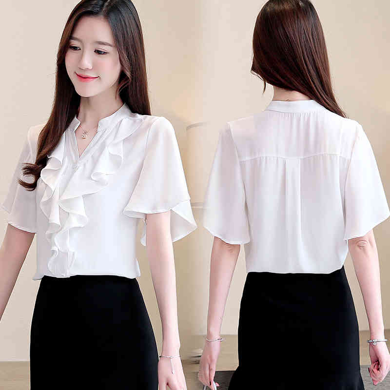 blusas mujer de moda women blouses short sleeve V-neck white chiffon blouse shirts s tops and 3780 50 210508