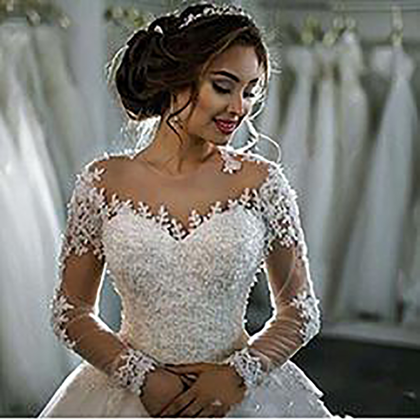 Applique Crystal Wedding Dresses With Gorgeous Jewel Long Sleeve Covered Button Back Sweep Train Bridal Gown 2021 New
