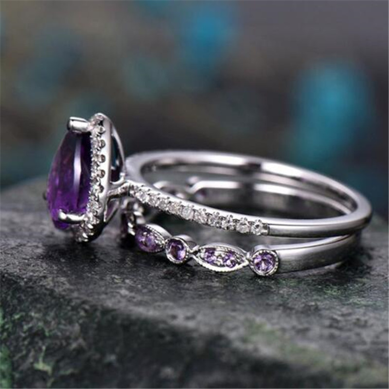Choucong Unique Amethyst CZ Dia Water Drop Gemstones Women Couple Bridal Ring Set