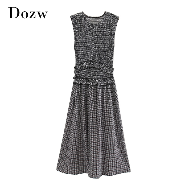 Fashion Printed Midi Dress Women O Neck Vintage Ruffles Summer Sleeveless Ladies A Line Party es Robe Femme 210515