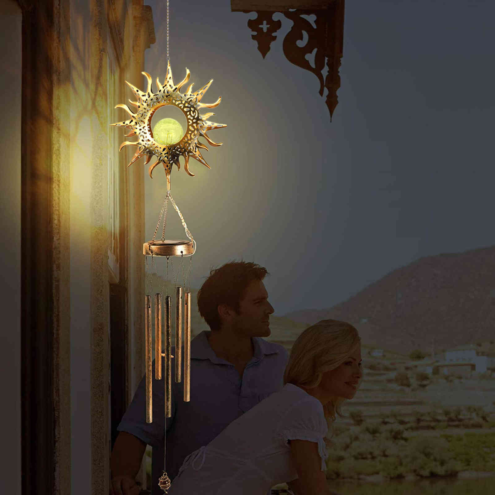 Sun moon wind chimney creative luminous metal ornaments veranda dripping wind chimes hanging decorations present 2021