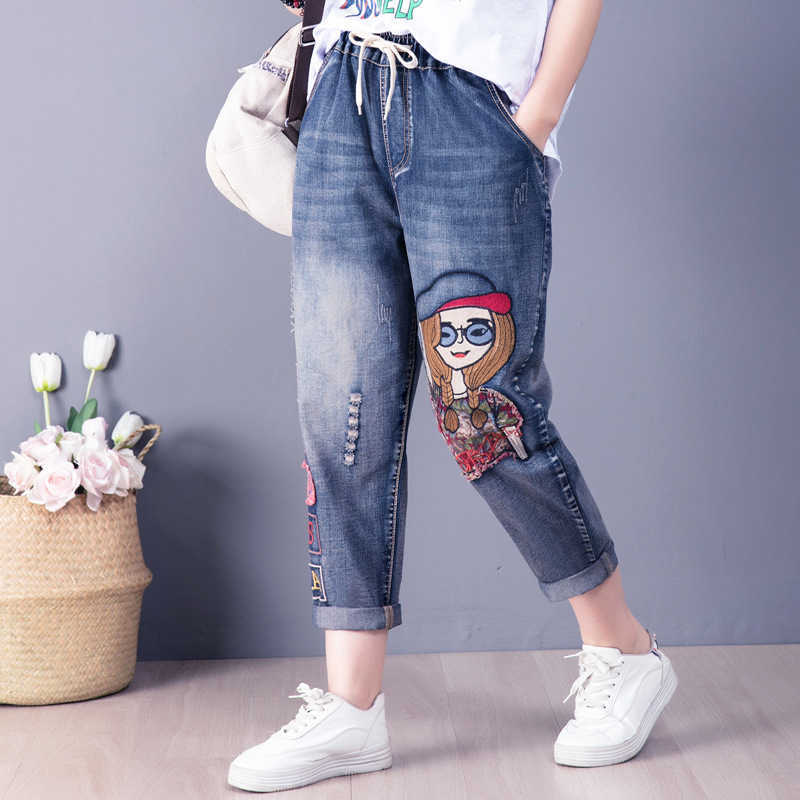 Cartoon Gril Embroidery Jeans Women Spring Fashion Elastic Letter Patchwork High Waist Denim Harem Pants Lady Casual Trousers 210922
