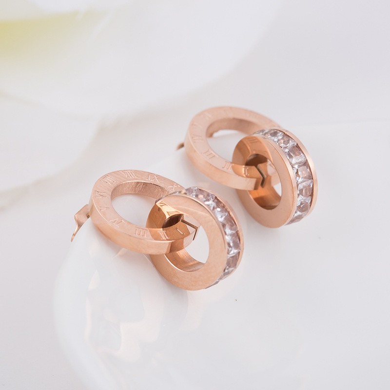 New Trendy Double Circle Roman Numerals Diamond Stud Charm Earrings Stainless Steel Earring