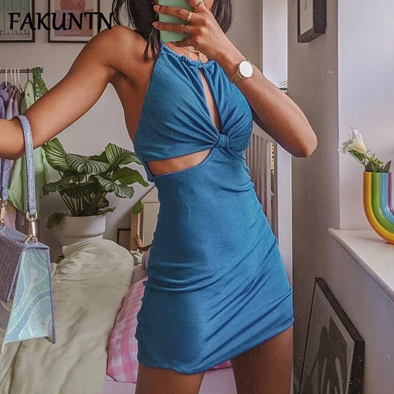 Women's Halter Mini Dress 2021 Fashion Backless Hollow Out Club Outfits Solid Color Beach Party Sexy Summer Dresses Robe Casual