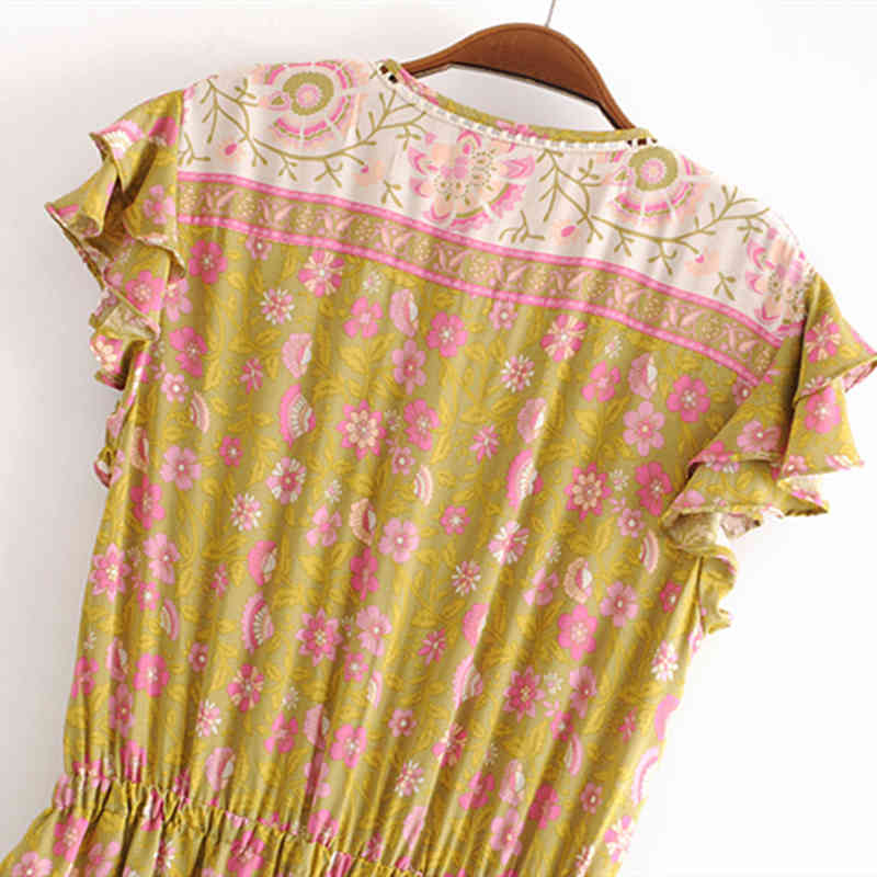 beauty Holiday Chic Floral Print Midi Dress Women Boho Style Fashion Cascading Ruffle Hollow Out Dresses Female 210514