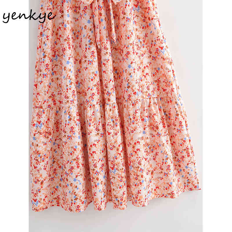 YENKYE Floral Print Halter Dress Women Sleeveless Free Belt Holiday Summer Beach Dress Female A-line Midi Casual Vestido 210515