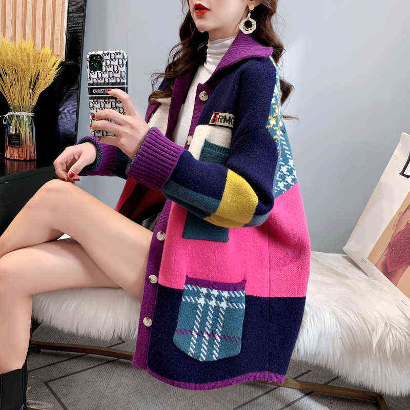TIGENA Autumn Winter Women Long Cardigan Contrast Print Pocket Button Oversize Sweater Cardigan Female Street Jacket Coat 211117