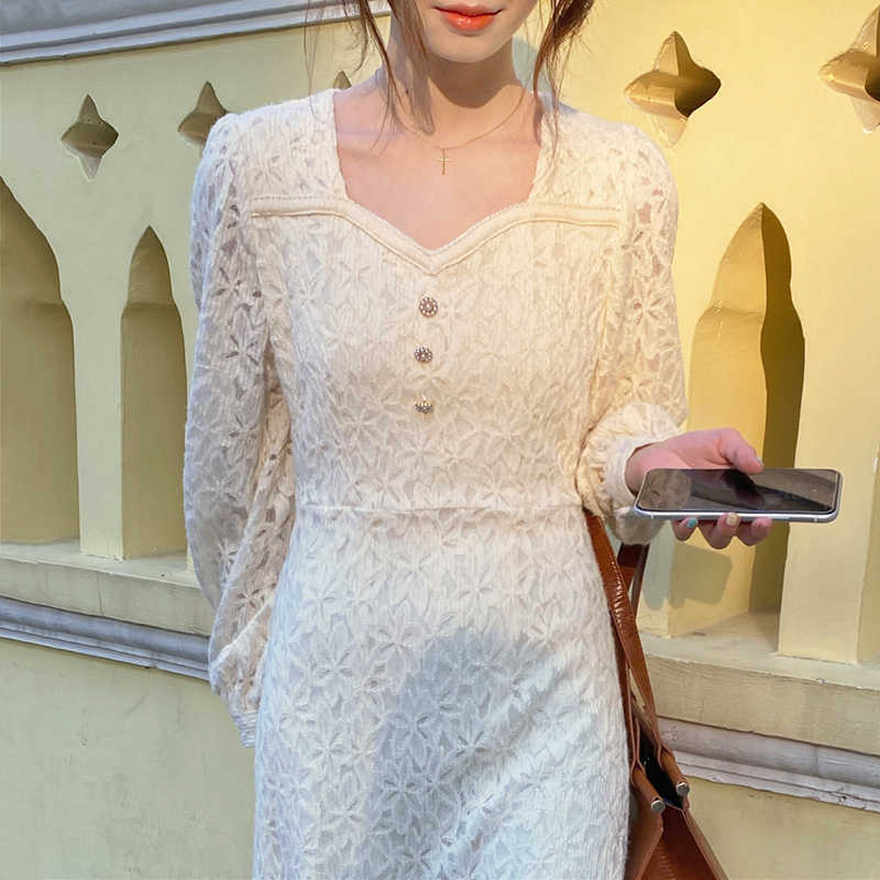 LY VAREY LIN Spring Autumn Women Elegant Square Collar Single Breasted Dress Long Sleeve High Waist Beige Lace Midi 210526