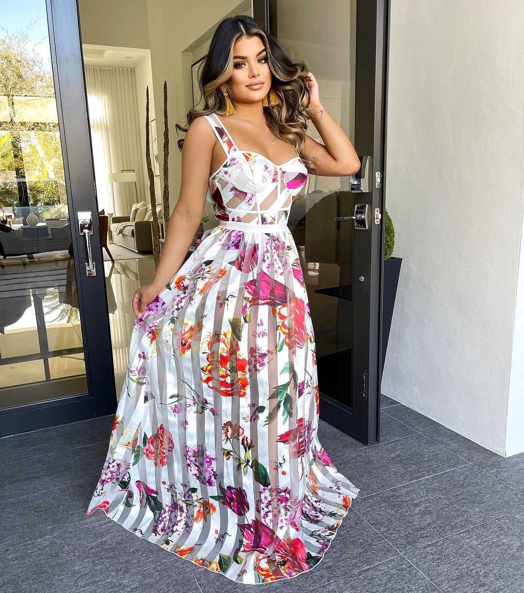 Women Spaghetti Strap Floral Printed Elegant Maxi Dress 210702