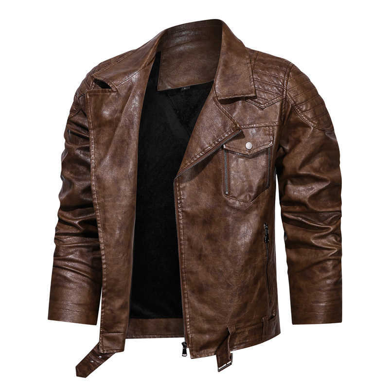 Winter Men Leather Jackets Zipper Solid Color Coat Warm Fleece Biker Motorcycle Male PU Leather Jacket Multi-pocket 211018