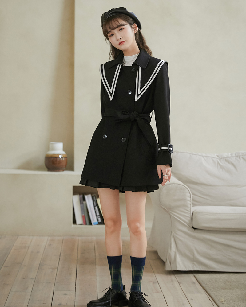 Sailor Collar Black Double Breasted Trench Coat For Women Preppy Style Coats And Jackets Autumn Winter Fashion 210427