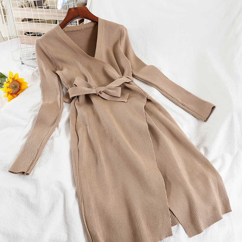 DEAT Spring Autumn Arrivals Solid Knitted Long Sleeve V-neck Temperament Fashion Split Women Midi Dress MZ930 210709