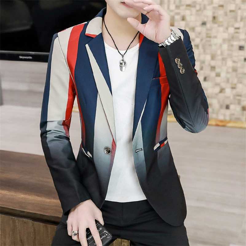 Men Striped Blazer Hombre Stylish Spring Trend Personality Color Contrast Masculino Slim Fit Homme 211120