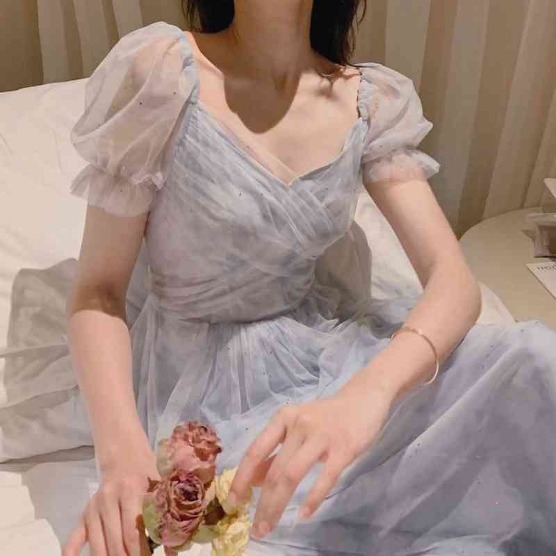 Sweet Elegant Dress Women Short Sleeve Lace Tulle Fairy Dress Party Beach Dress Korean V-neck Summer Office Lady 210521