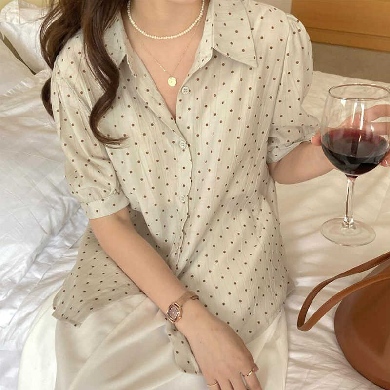 Korejpaa Women Shirt Summer Korean Retro Lapel Single-Breasted Back Hollow Lace-Up Adjustment Polka Dot Puff Sleeve Blouses 210526
