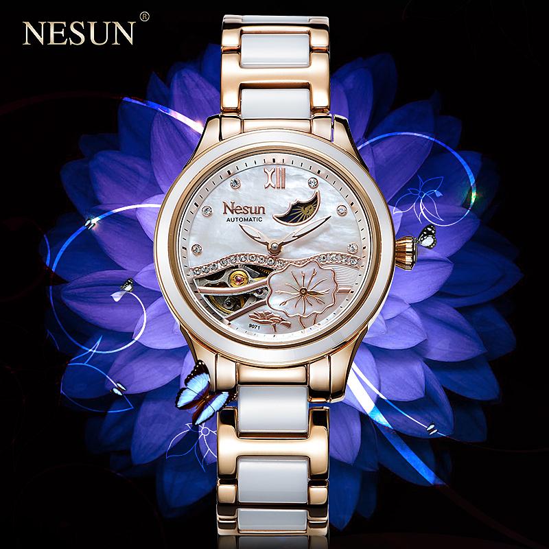 Wristwatches NESUN Brand Ladies Watch Luxury Business Skeleton Automatic Winding Mechanical Waterproof Ceramic Wrist Strap Watches, Rosewhite
Wristwatches NESUN Brand Ladies Watch Luxury Business Skeleton Automatic Winding Mechanical Waterproof Ceramic Wrist Strap Watches, Rosewhite